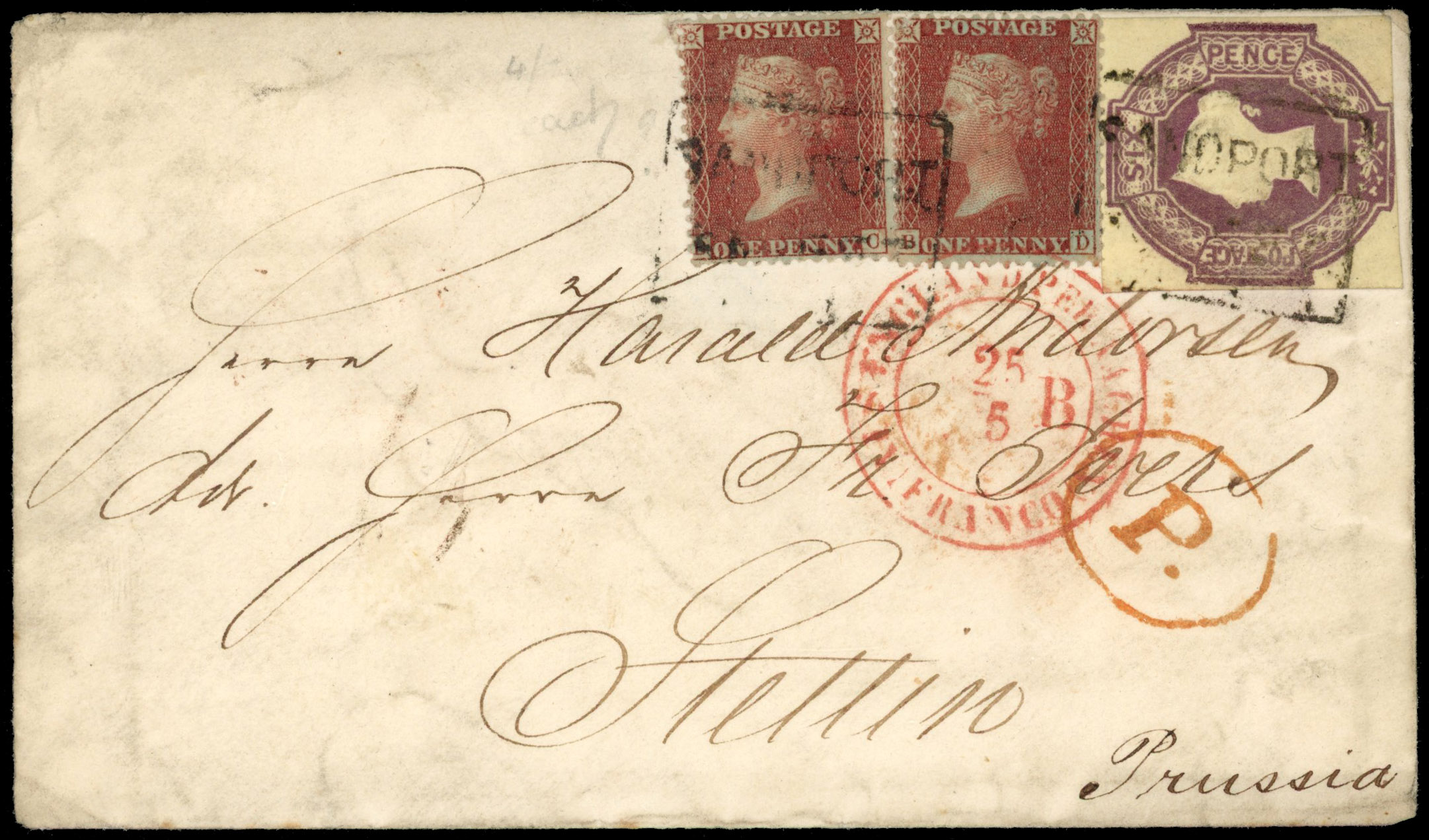 GB 1856 cover to Stettin, Prussia bearing 1d (2) and 6d