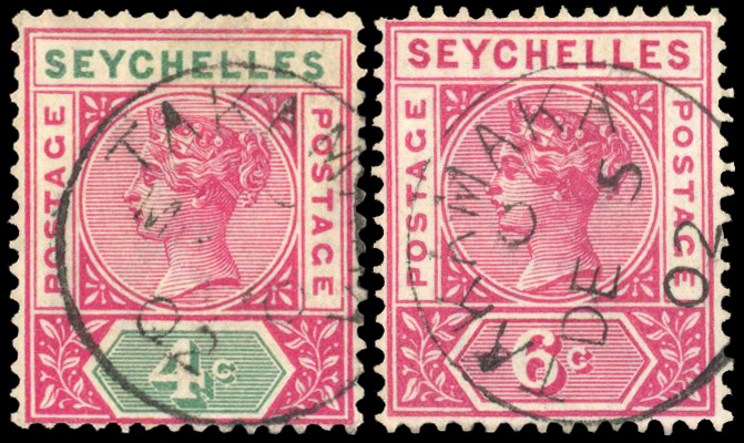 Seychelles QV 4c & 6c with Takamaka rural post office marks SG 9 & 29