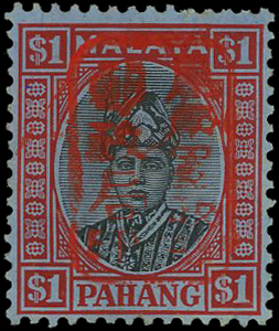 1942 Pahang $1 black and red on blue paper with Chop E in red, large part o.g., fine. BPA Certificate (2023). SG...