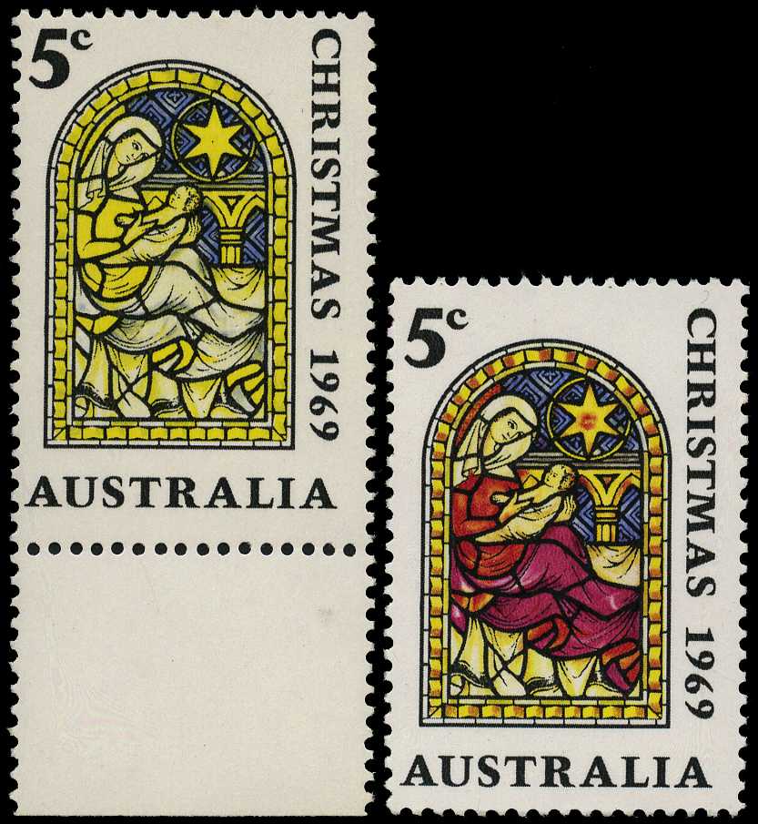 1969 Christmas 5ct showing variety MAGENTA...