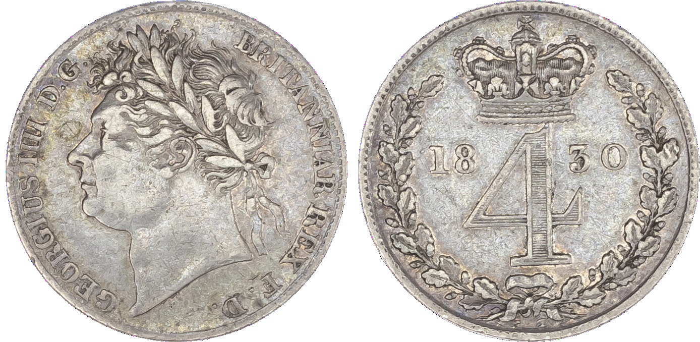 George IV (1820-30), Maundy Set, 1830, Fourpence, Threepence, Twopence, Penny, laureate head left, toothed borders, legend