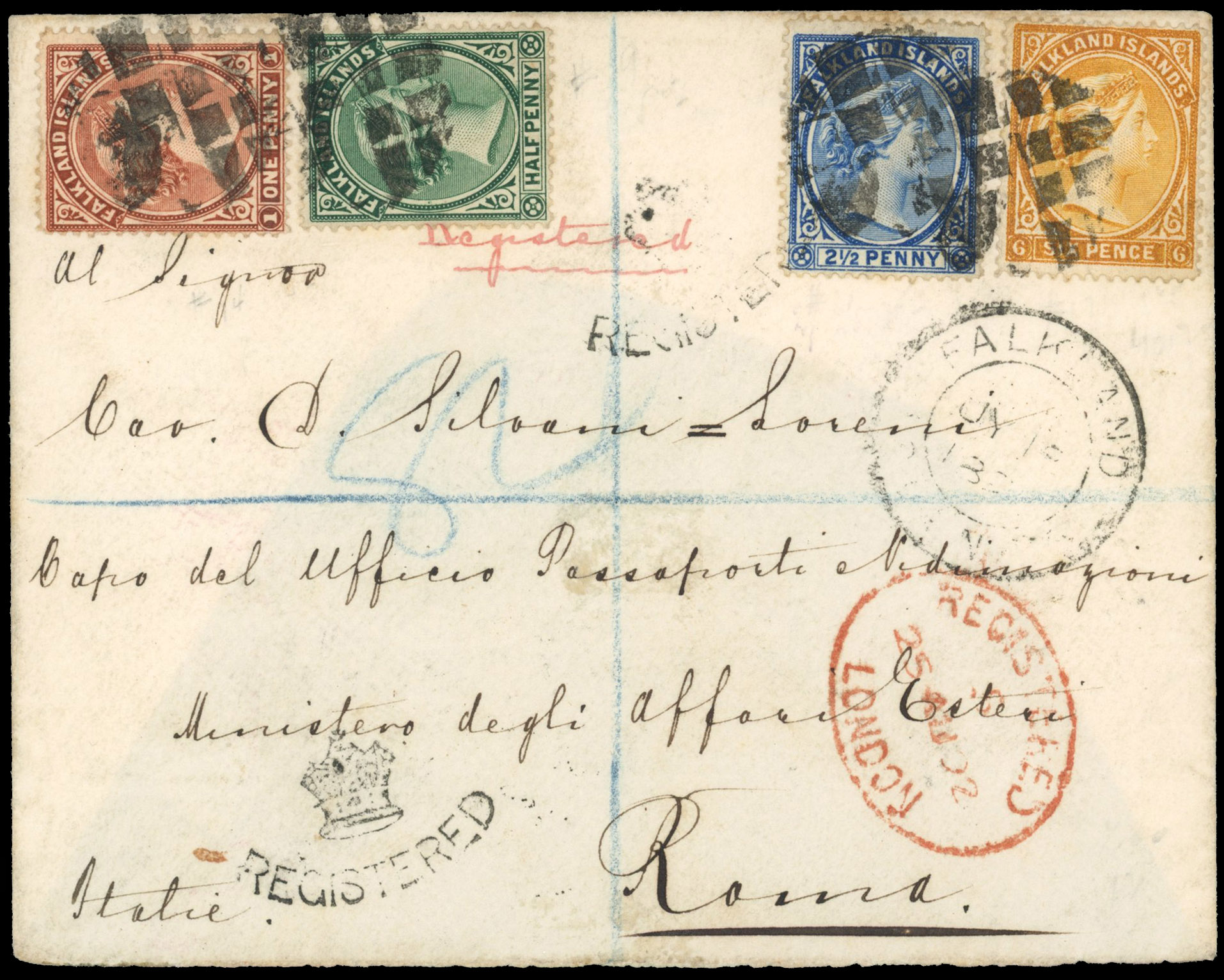 Falkland Is SG 15/33 1892 registered cover to Rome with four-colour franking