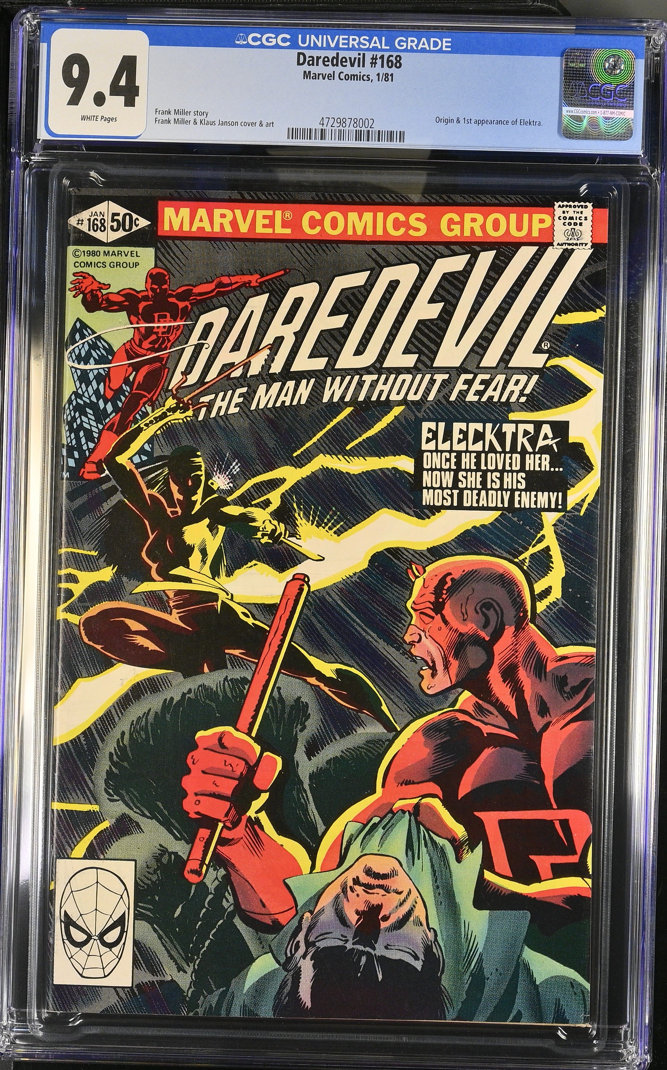 Daredevil #168 CGC 9.4 1st appearance and Origin of Elektra (Marvel Comics, 1981) White Pages
