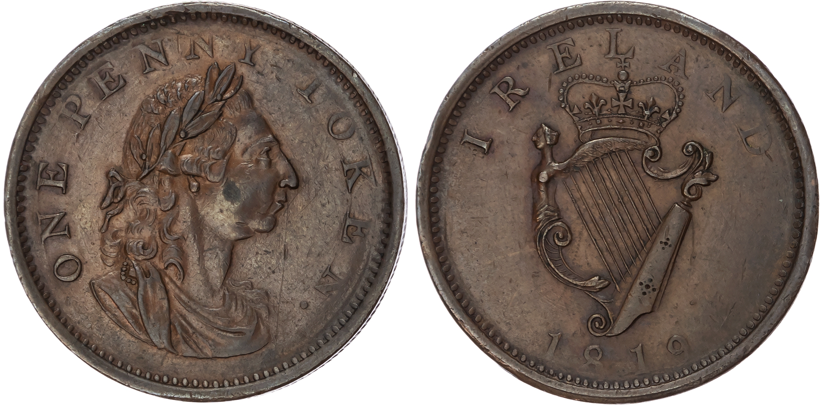 IRISH, NON LOCAL General Circulation Penny 1819, Laureate draped bust of George III right, rev. Crowned harp, …