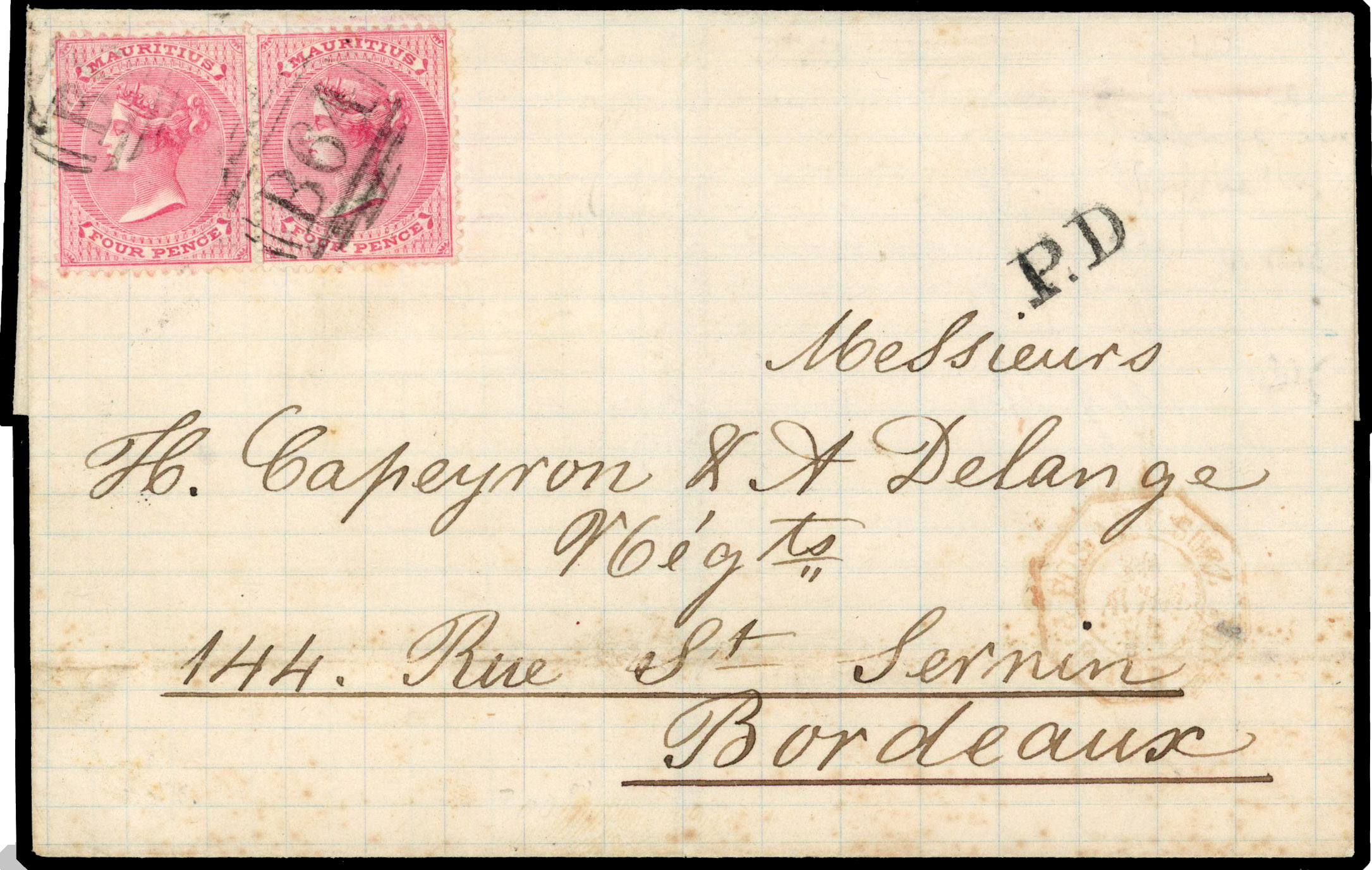 Seychelles 1874 entire letter to Bordeaux 