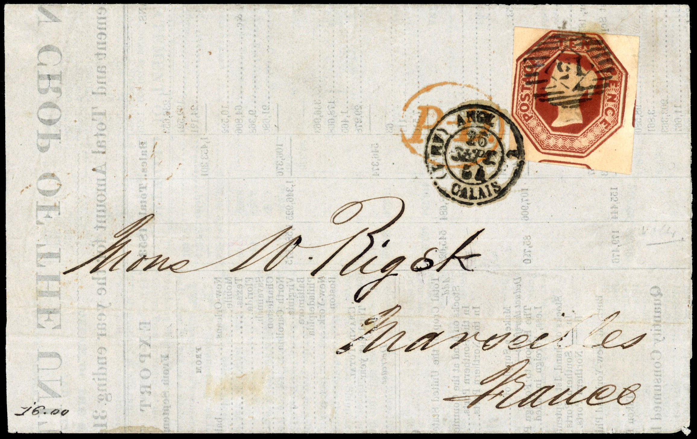 GB SG 57 1847-54 10d embossed on cover to France 