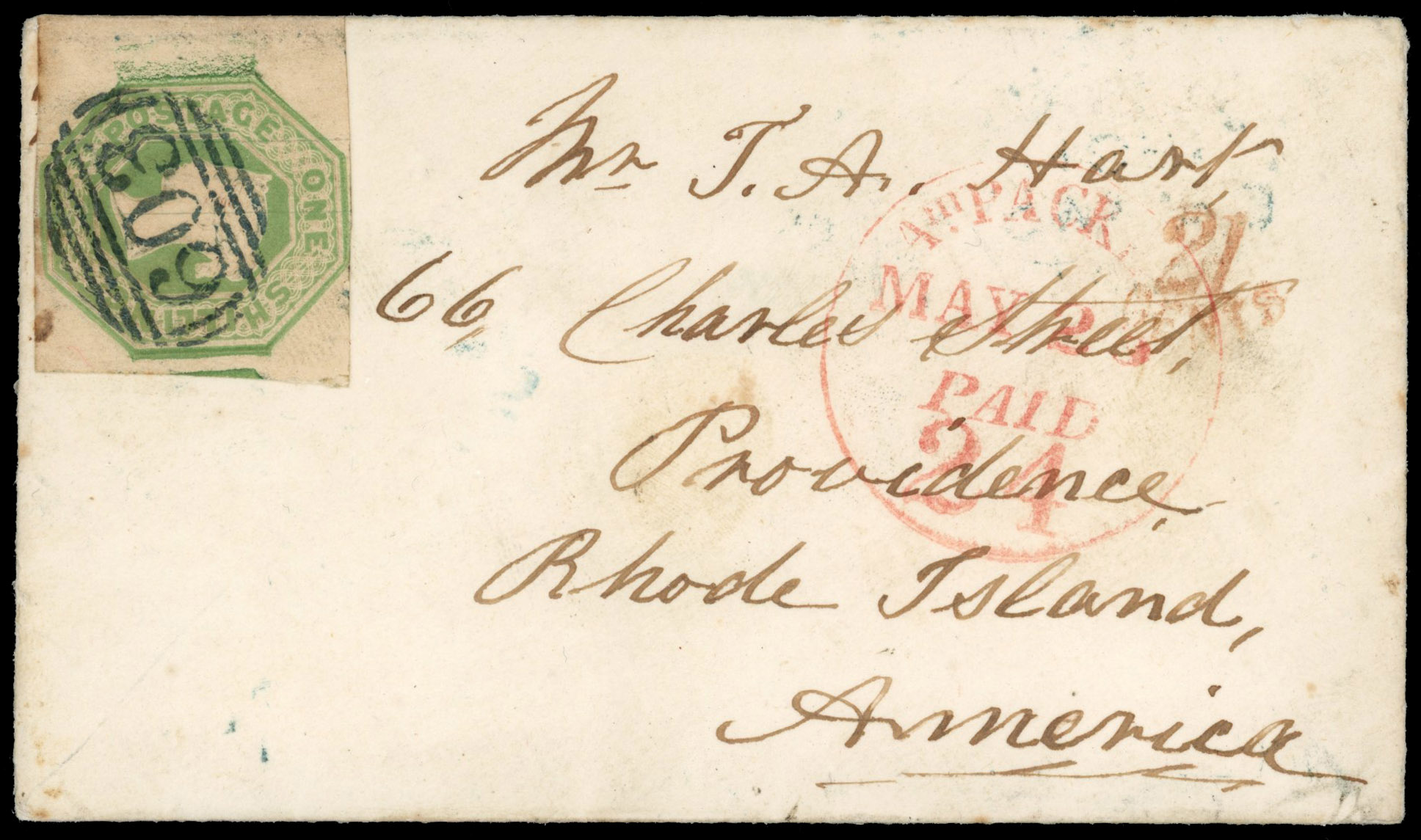 GB: 1847-55 1s green, left marginal to just touched, on cover to Rhode Island, America