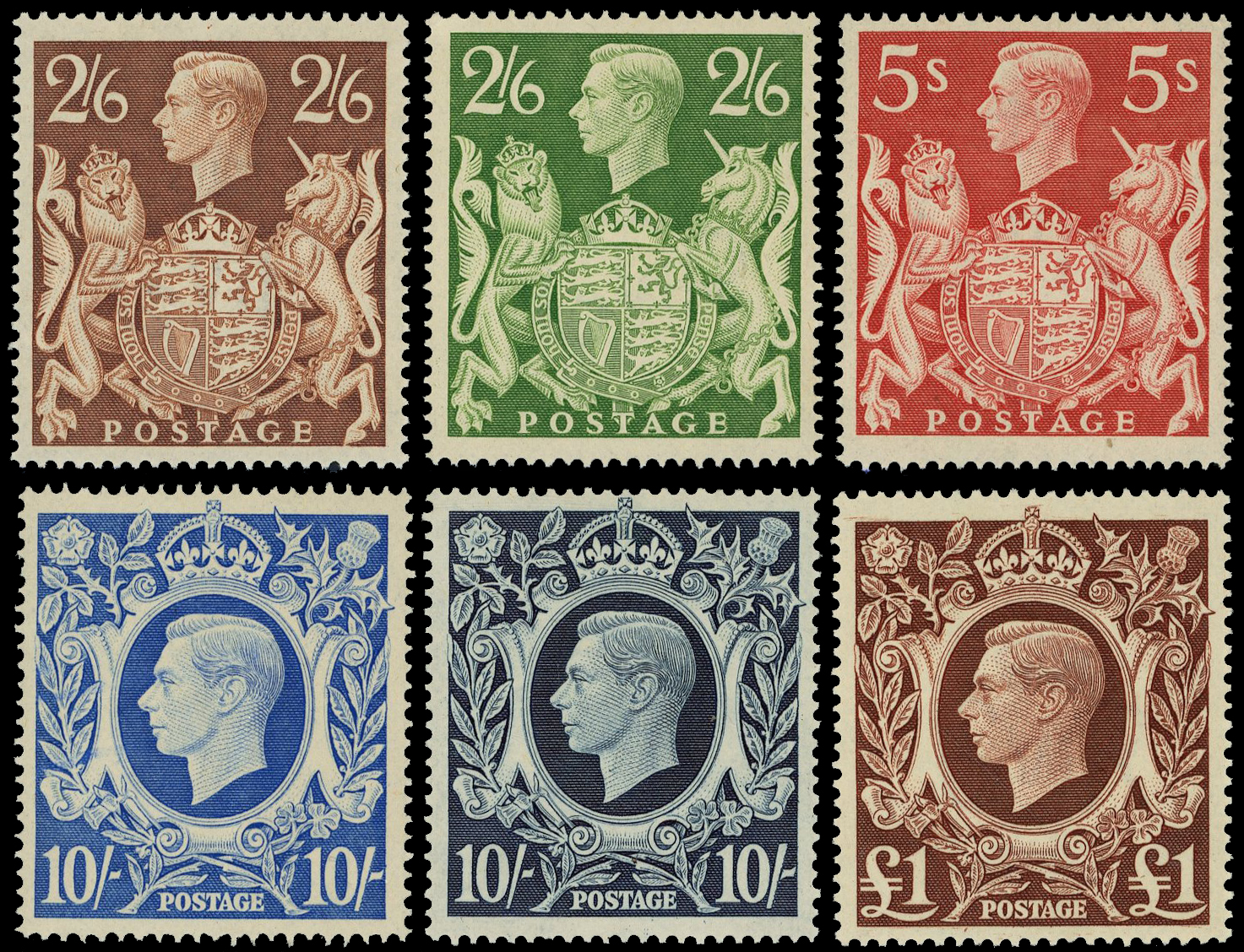 GB: 1939 2s6d to £1 square set of 6 unmounted o.g. SG 476/478c