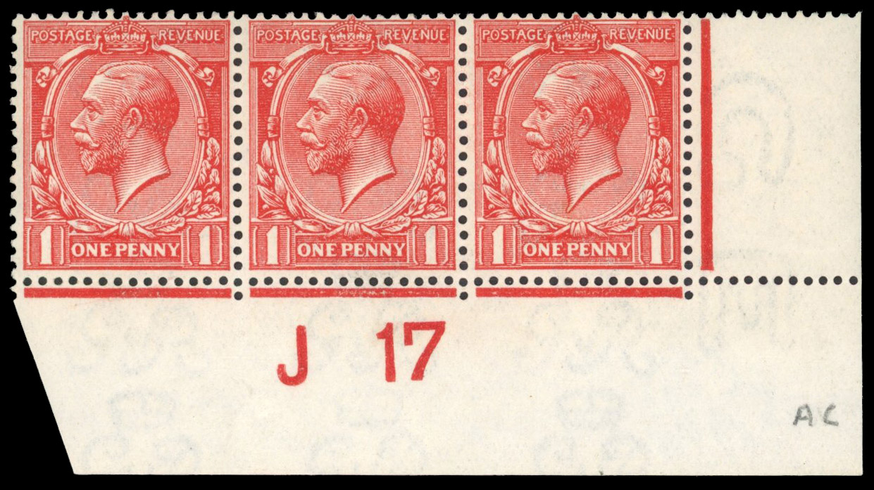 GB: 1912-24 1d dull brick red, mint unmounted o.g. control J17 strip of three with fresh colour