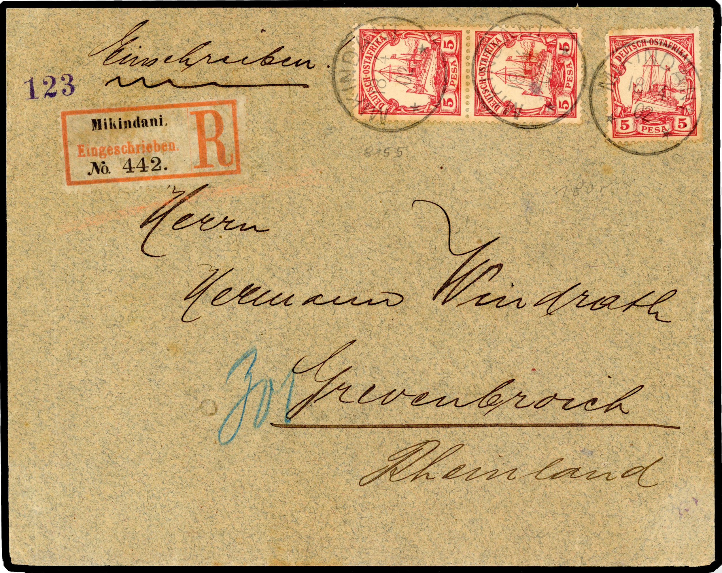 1902 registered cover to Germany, franked 3 x 5pesa tied 'MIKINDANI/18 4 02' cds. Moved to R20001688/7