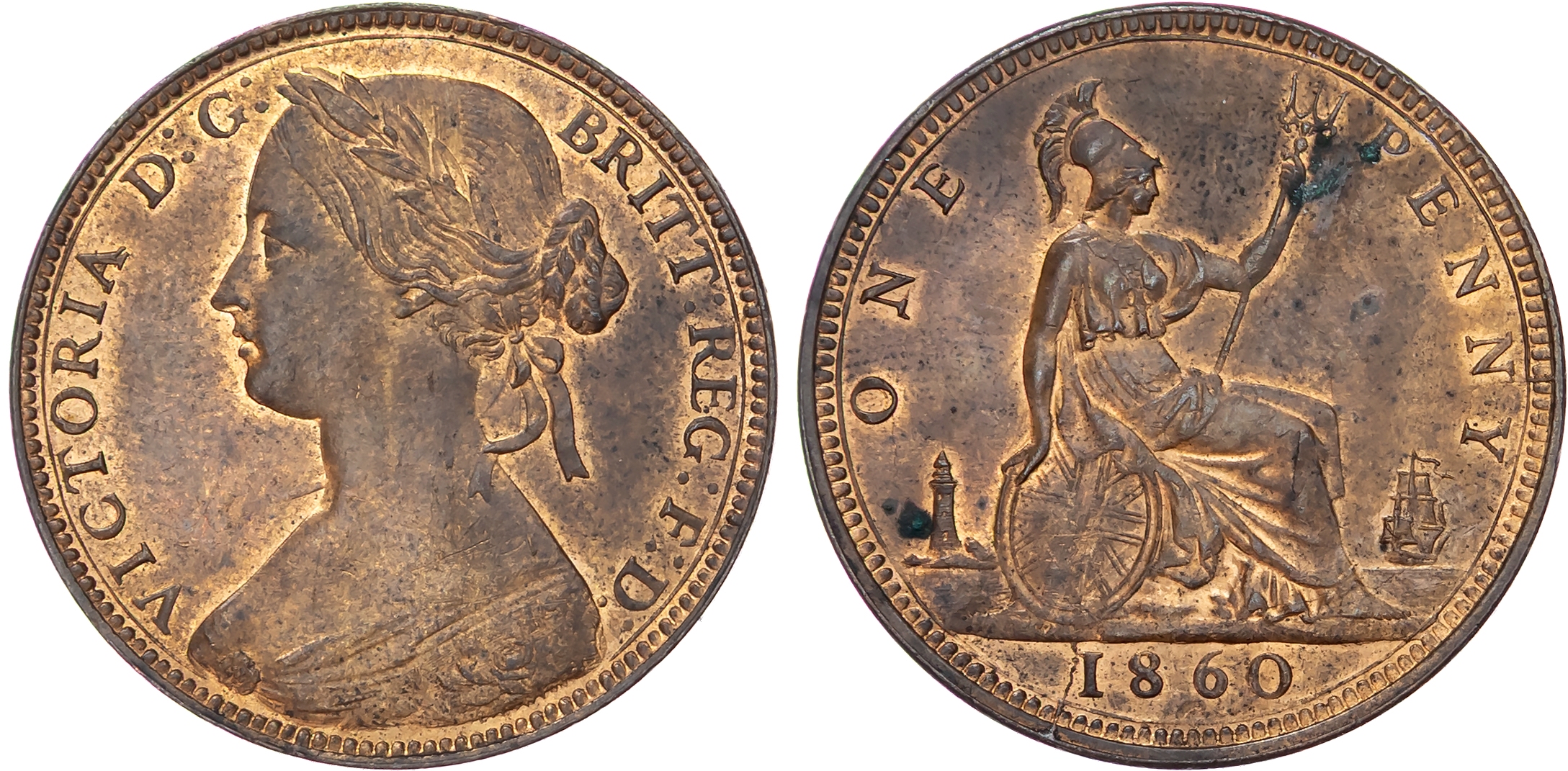 Victoria (1837-1901), penny, 1860, N over sideways N, toothed border.