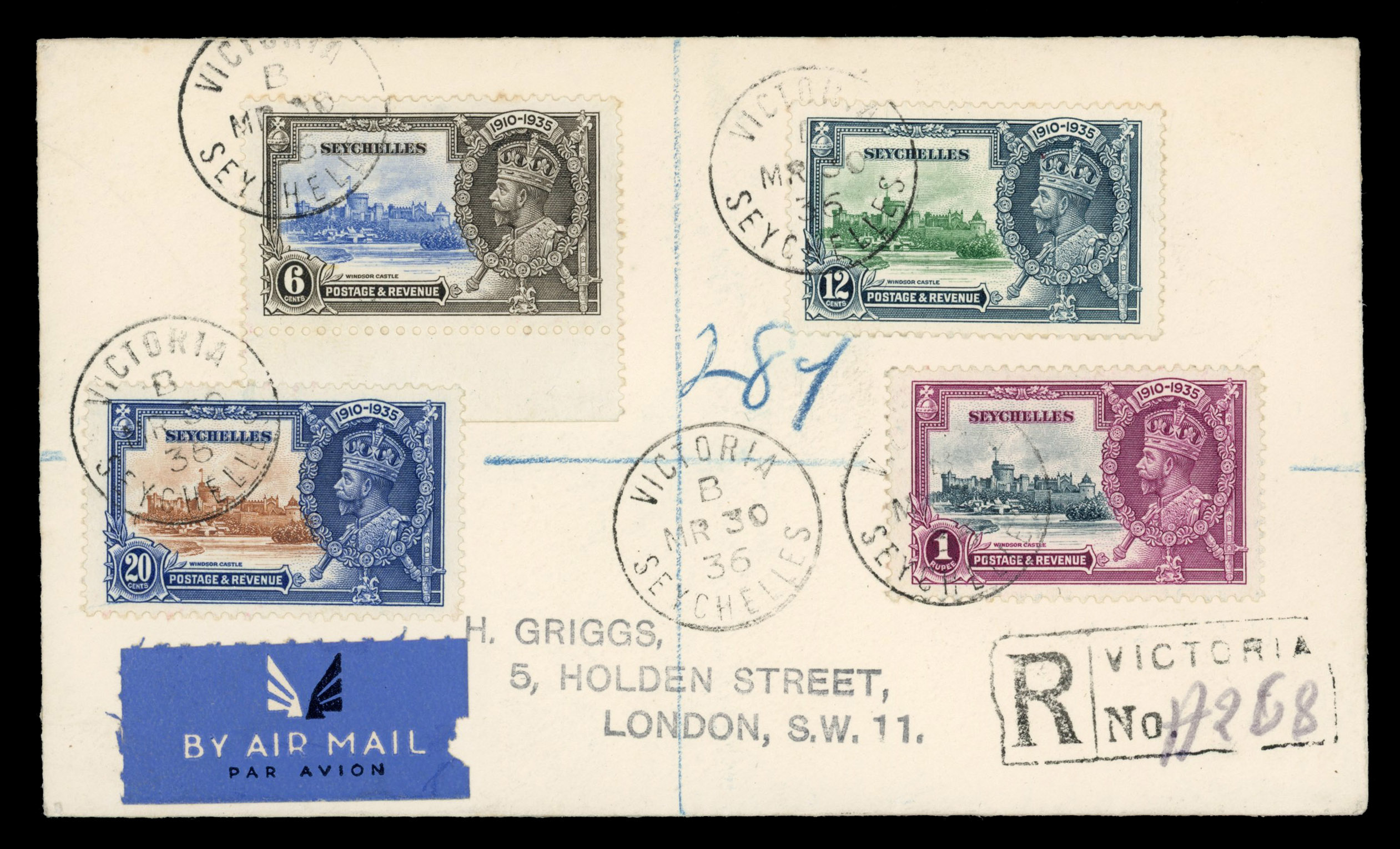 Seychelles SG 129e 1935 Jubilee 12c double flagstaff on cover