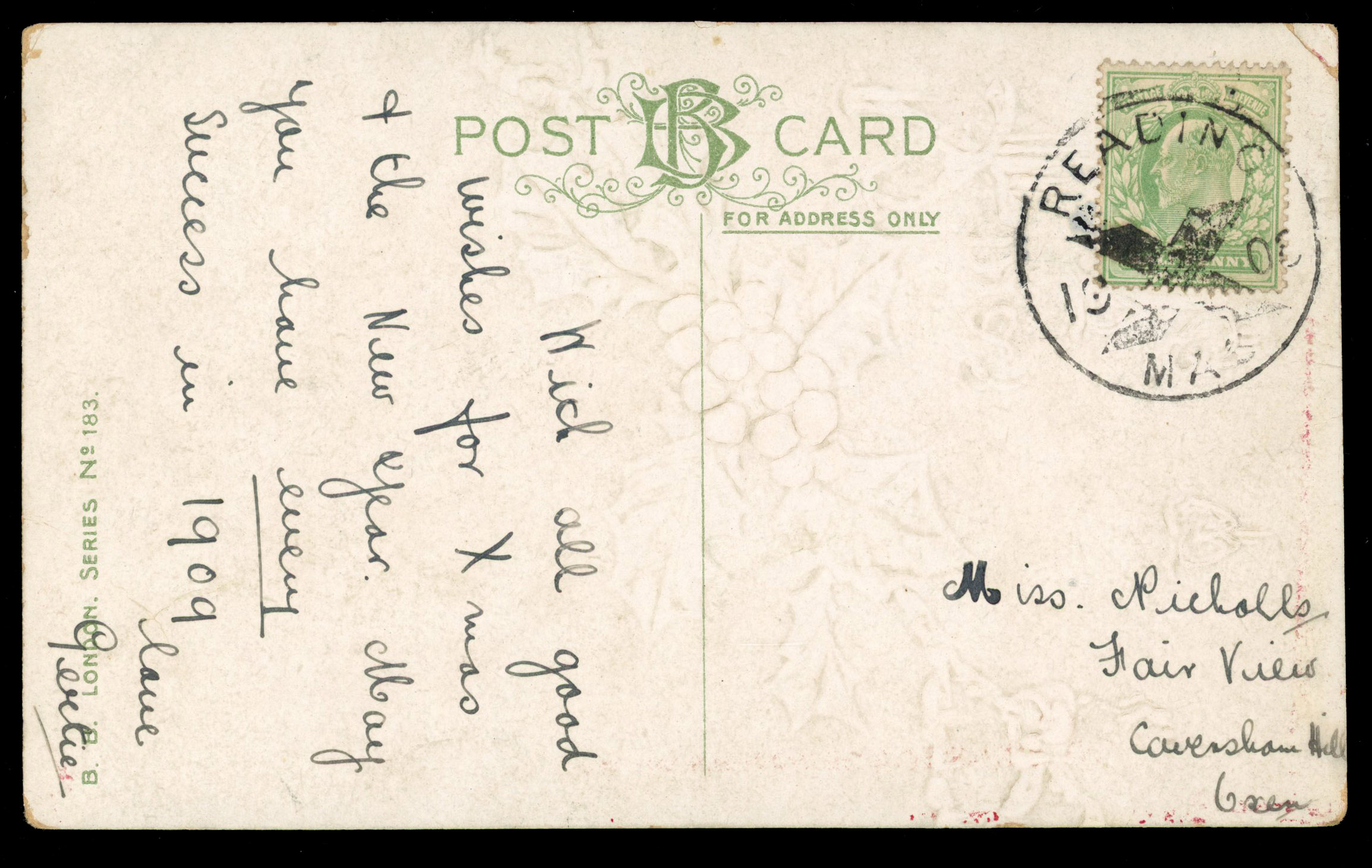 GB 1908 ppc franked with ½d tied by the Reading Christmas cancellation