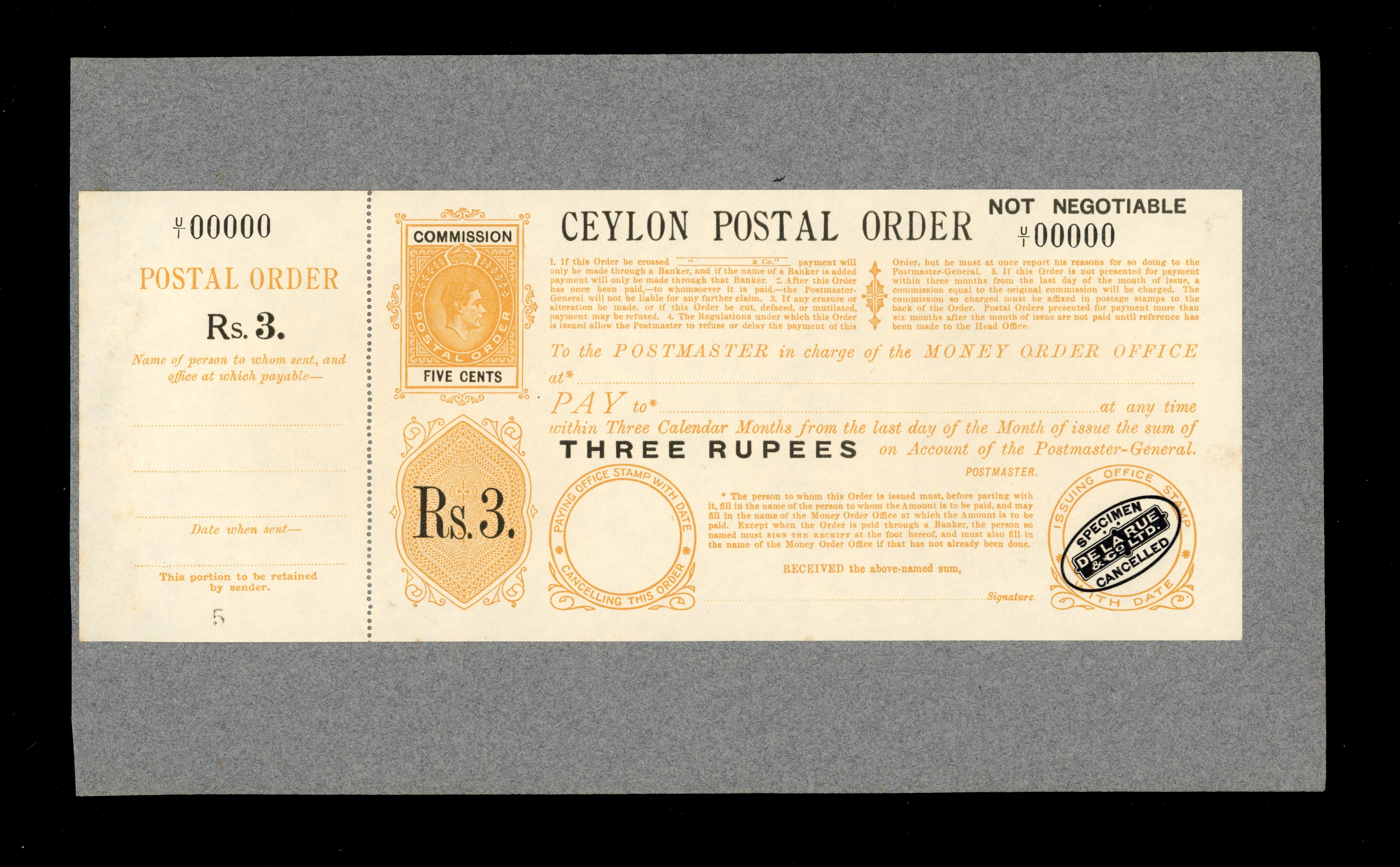 Ceylon 3r Postal Order De La Rue Proof