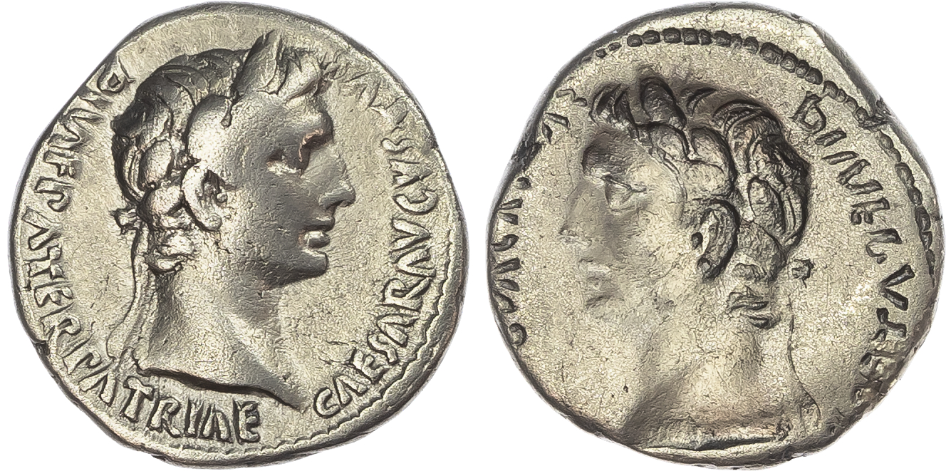 Augustus (27 BC – AD 14) AR Denarius Brockage, Lugdunum, 8-7 BC, 3.50g. 