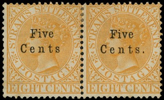 1879 5c on 8c orange horizontal pair, left stamp with stop after 'Cents' omitted, o.g.  Hinge remainder a bit extensive and...
