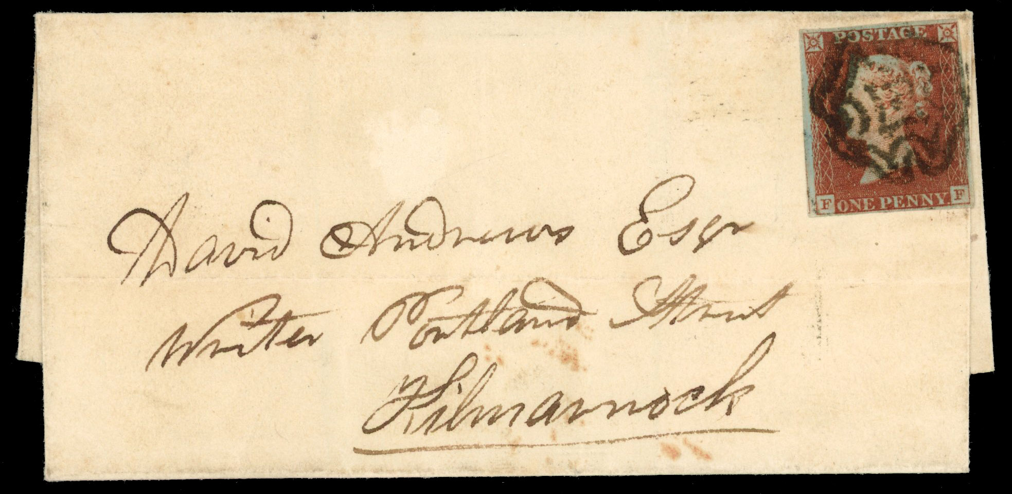 GB 1841 1d red-brown, plate 28 (FF), on cover tied by black Kilmarnock Maltese cross