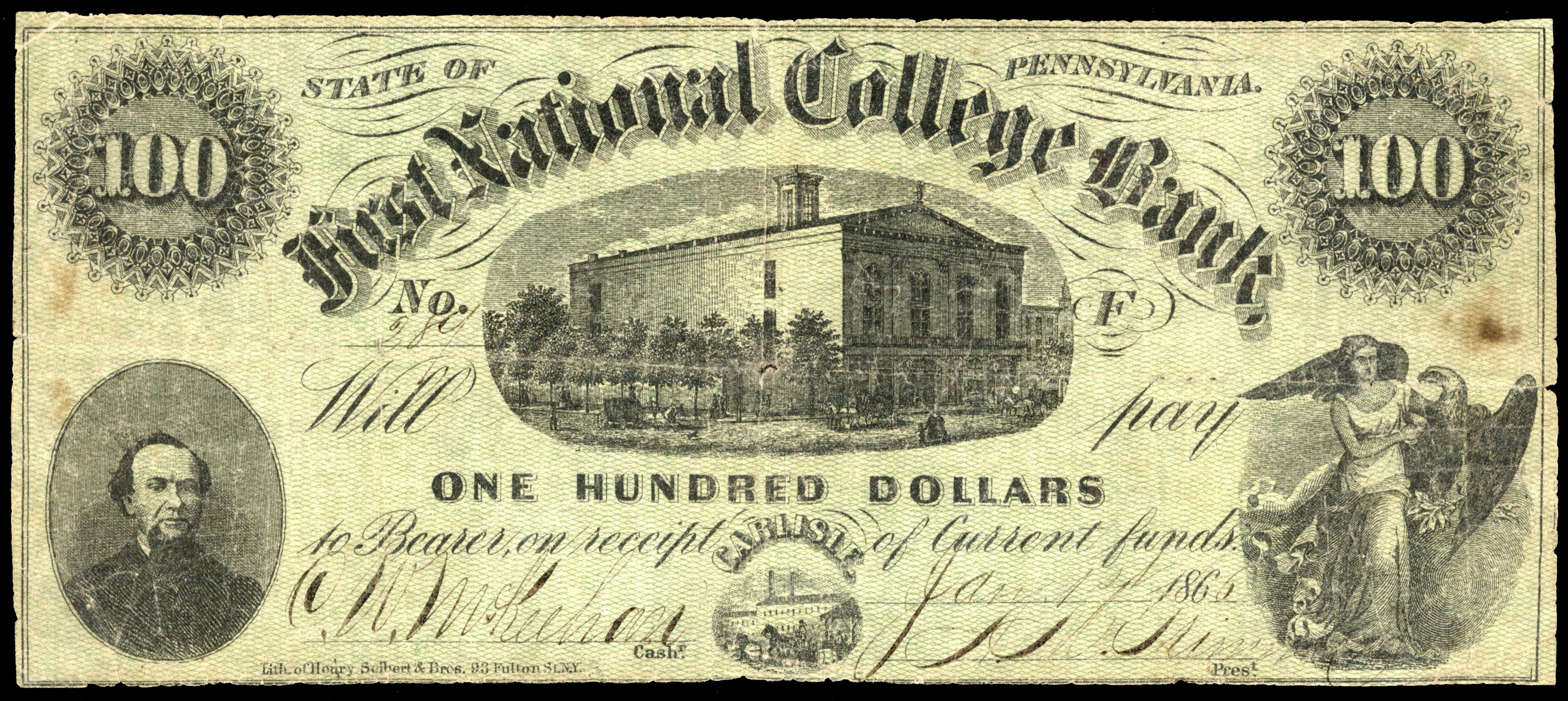 USA, PA. Carlisle, First National College Bank, Uniface One Hundred Dollars, 17 Jan 1866. Fine, complete.…