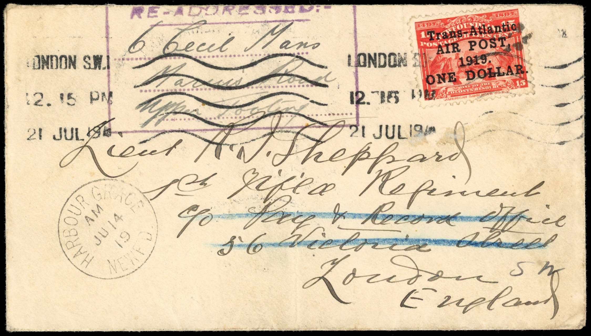 Newfoundland SG 143 on Handley Page Air Mail cover to London