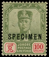 1923-41 $100 green and scarlet overprinted SPECIMEN Type D12, large part o.g. with a small hinge thin.  SG 127s,...