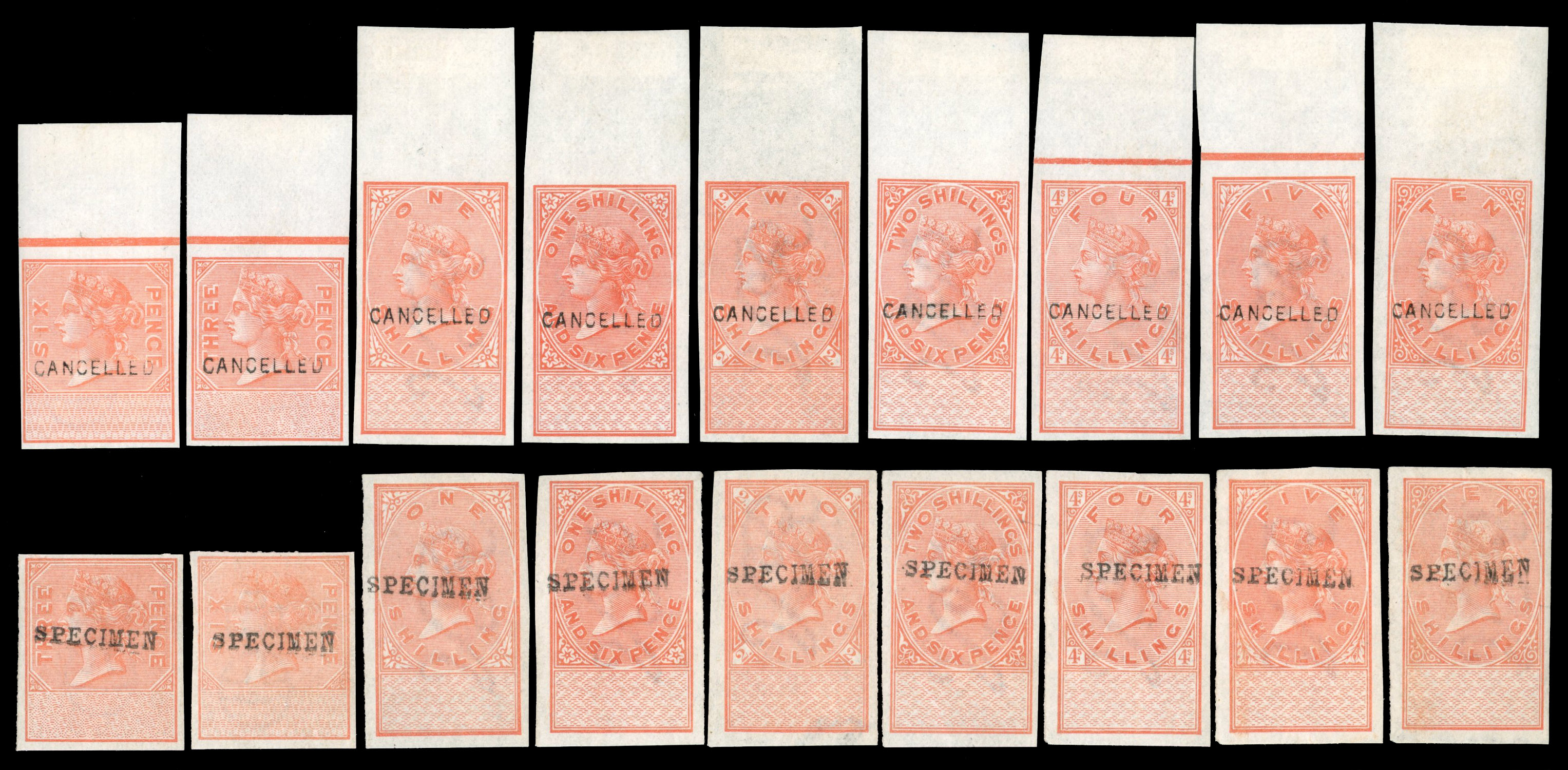 GB Transfer Duty imperforate colour trials sets overprinted CANCELLED & SPECIMEN