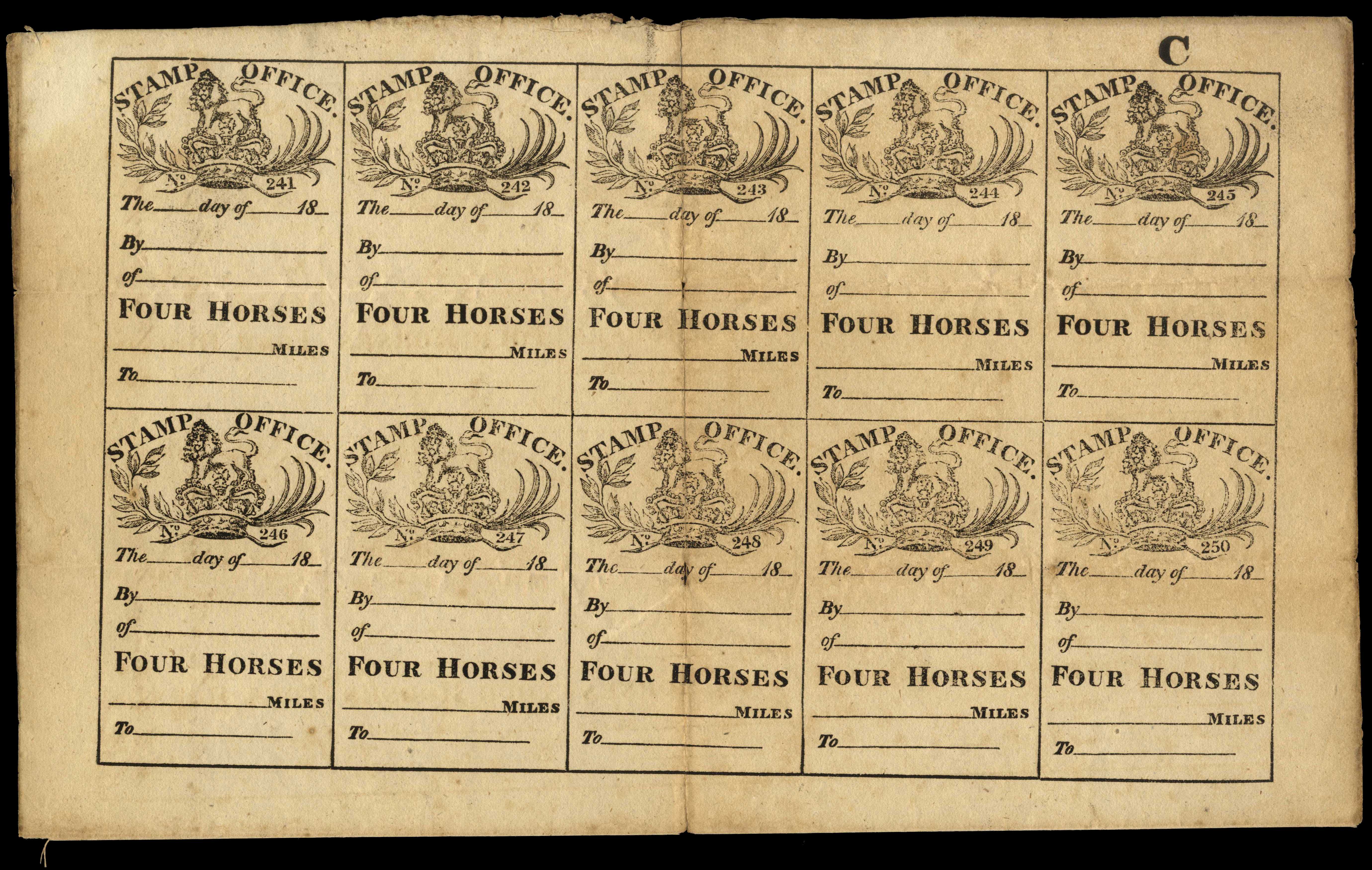 GB Hired Horse Duty 1826 sheet of ten tickets