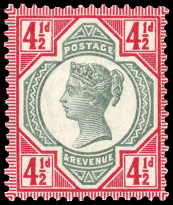 1892 4½d Green and deep bright carmine ‘Jubilee’. Very fine unused o.g. example. 