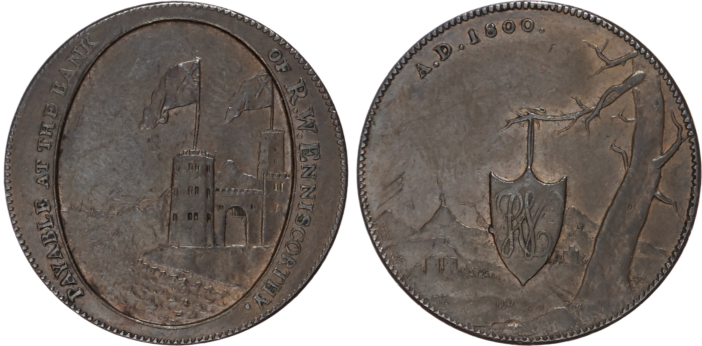 Co. Wex. Enniscorthy, Robert Woodcock (banker) Halfpenny 1800, View of castle by loch, rev. Shield with the le…