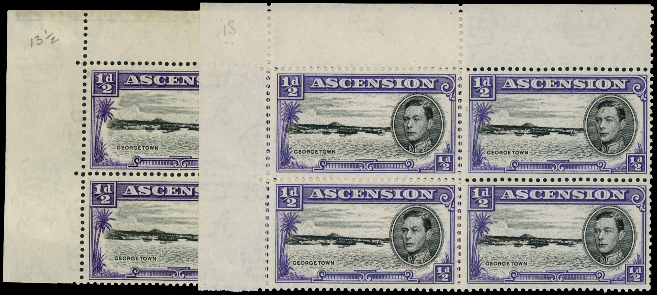 1938-44 ½d black and violet u/l corner...