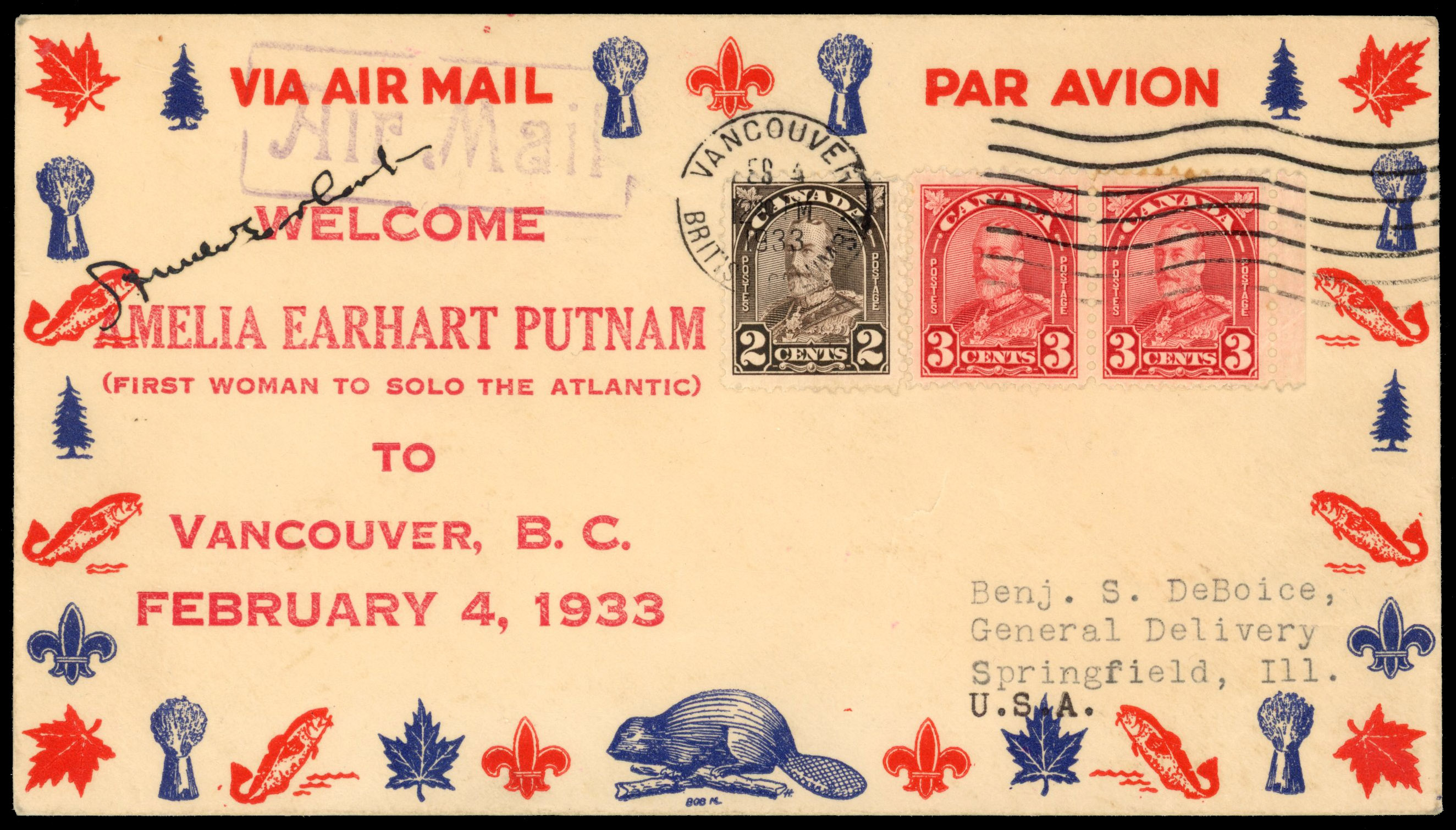 Canada 1933 air mail cover to USA, SIGNED BY AMELIA EARHART