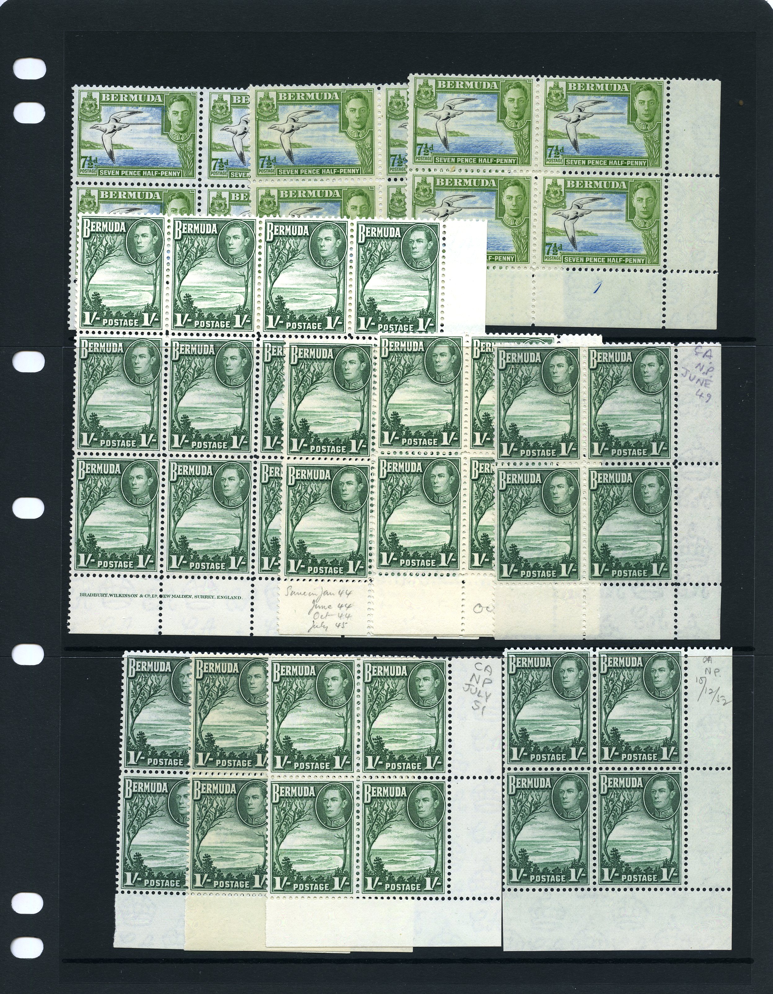 1938-52 7½d three Plate 1-1 blocks of four,...