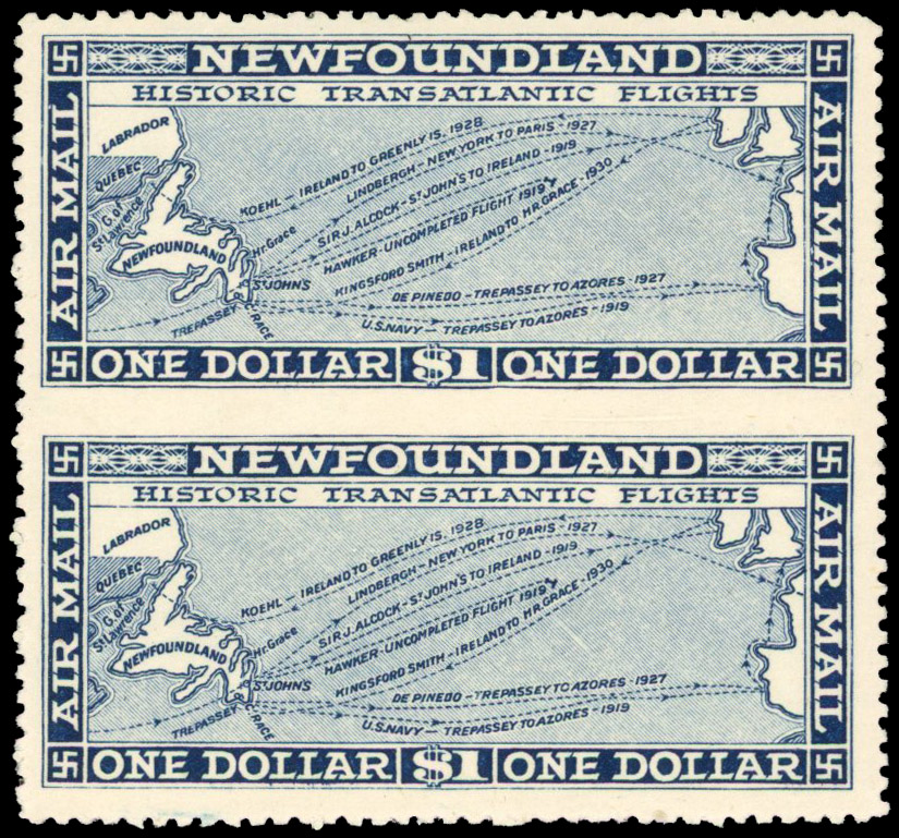 Newfoundland 1931 Air $1 no watermark vertical pair imperforate between