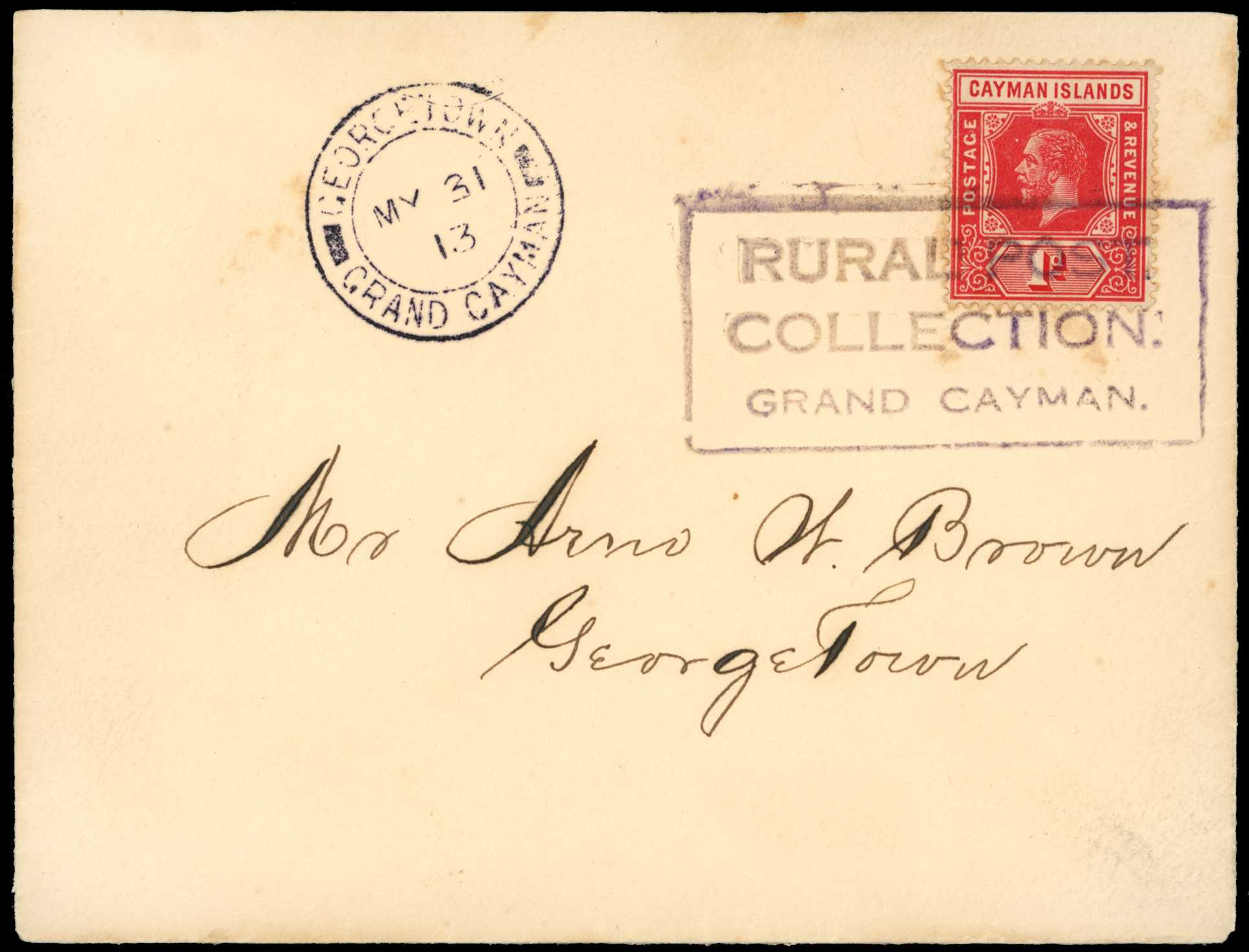 1913 local cover franked with 1d KGV issue...