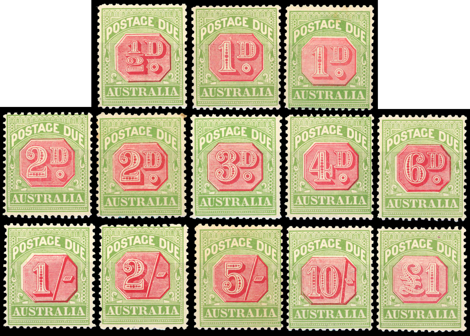 Australia 1909-10 POSTAGE DUE set complete to £1 large part o.g. D63/73 D64b, D65a cat £1,000+