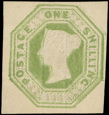 1847 1s Embossed. Very fine unused large part o.g. essay without pendant curl printed in pale green on silk thread paper…