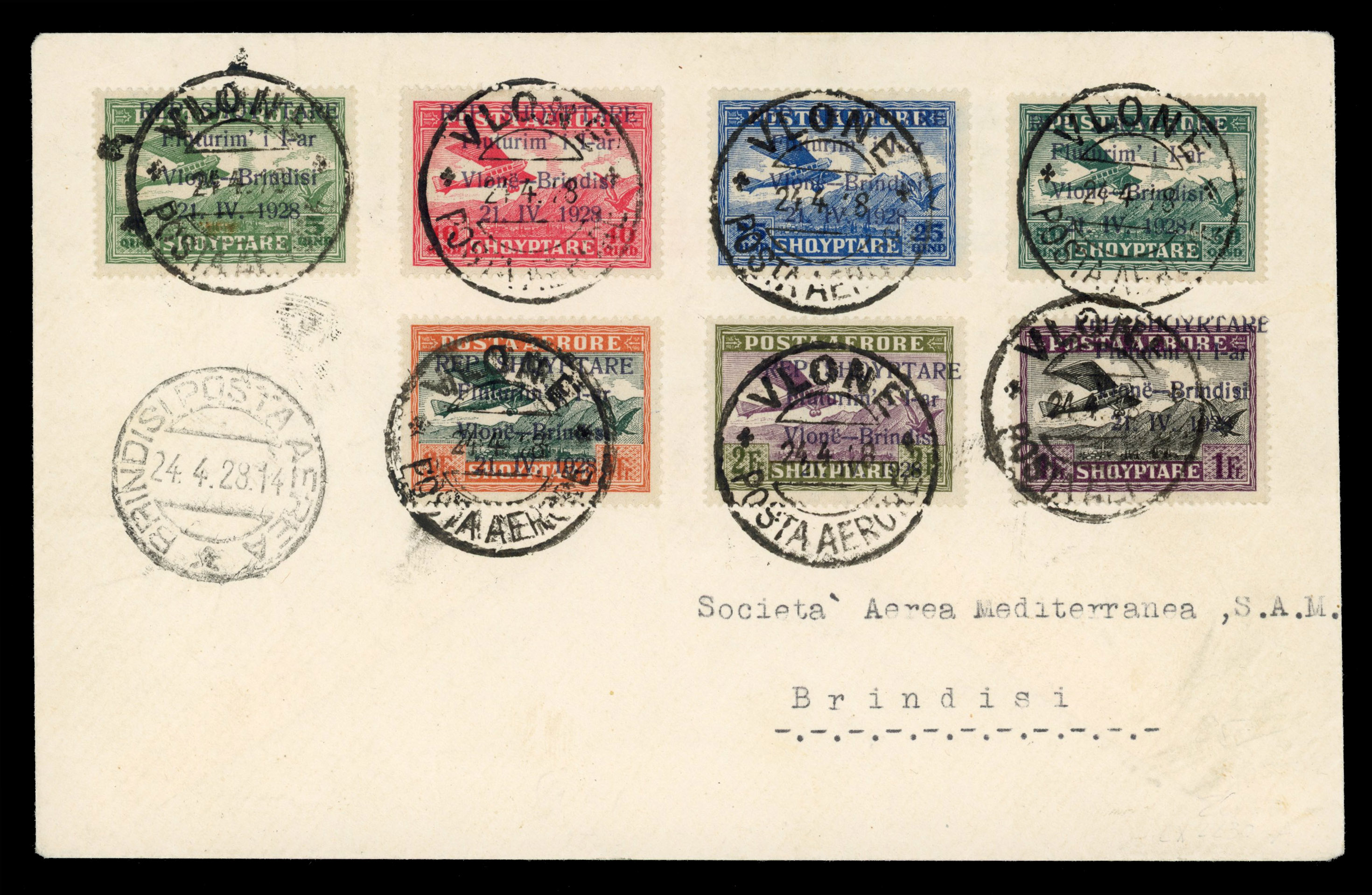 Albania 1928 (24.4.) cover with airmail set of seven Vlone to Brindisi