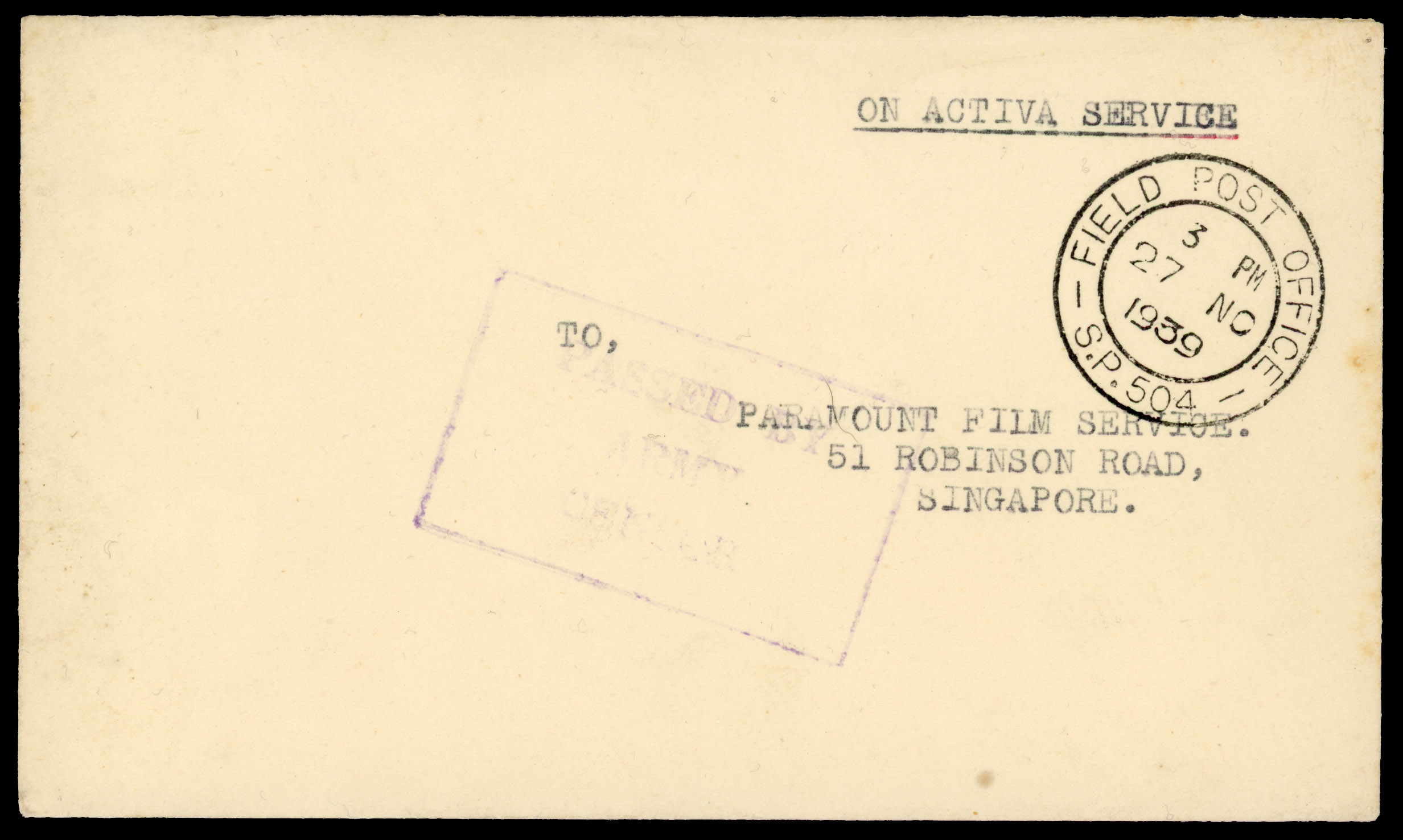 KELANTAN: 1939 stampless, cover to Singapore cancelled neat d/r “FIELD POST OFFICE/S.P. 504/27 NO/1939”