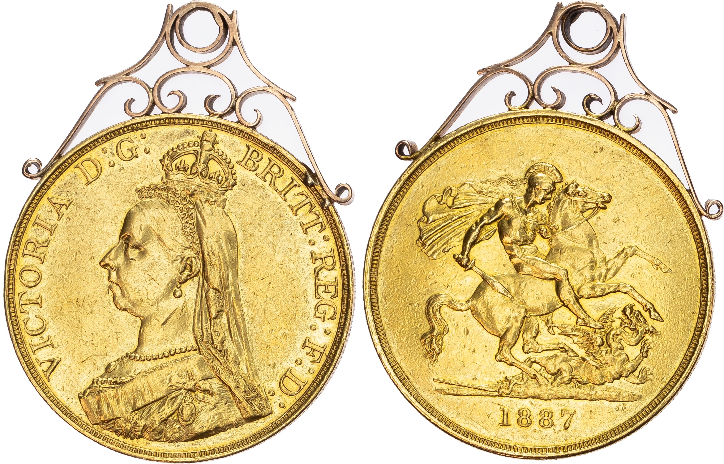 Victoria (1837-1901) Five Pounds 1887 (39.94gm/22ct, mount 1.85gm/9ct).