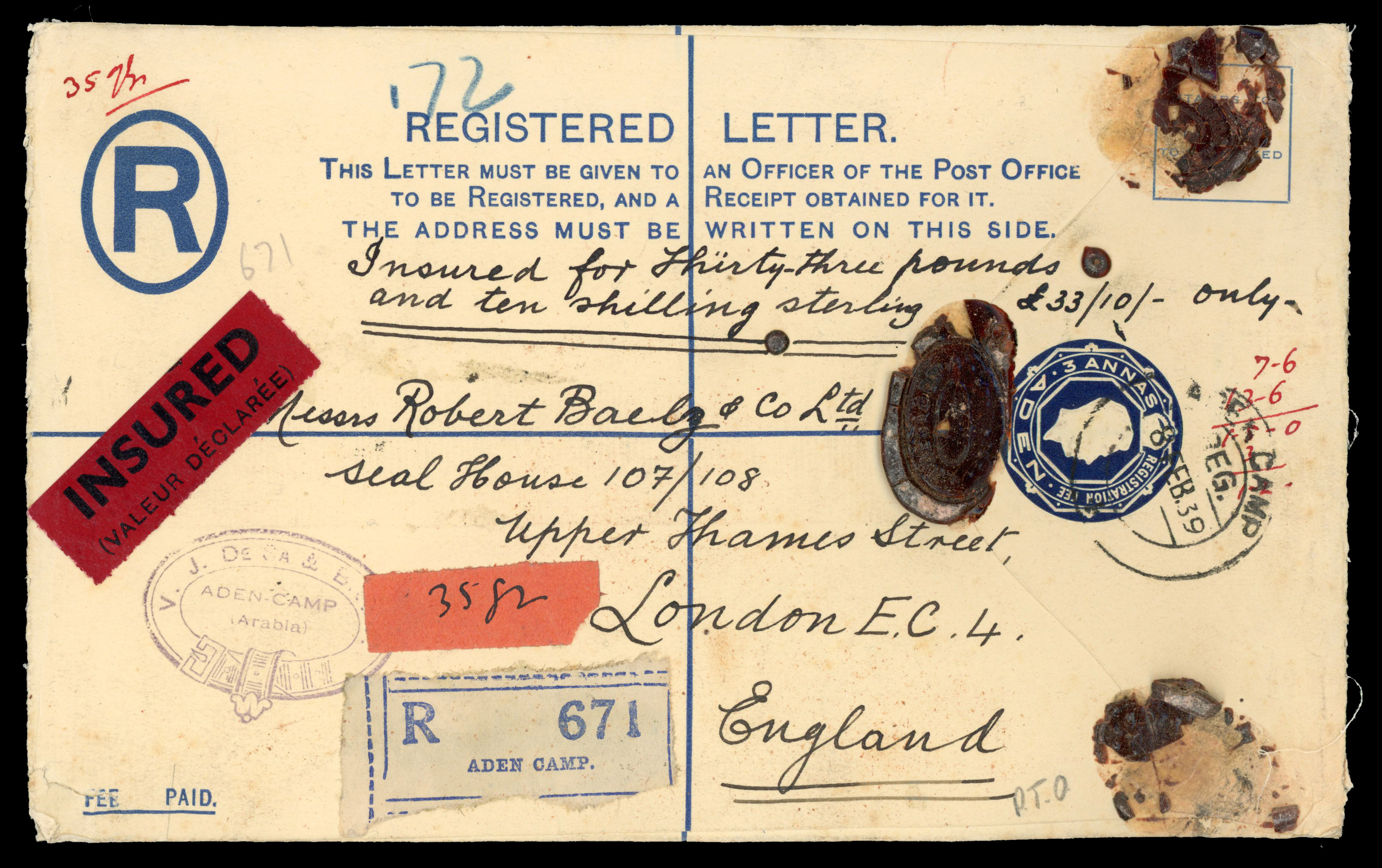 POSTAL HISTORY: 1939 3a registered stationery envelope (size H) to London, uprated on reverse 1a, 2a and 2½a
