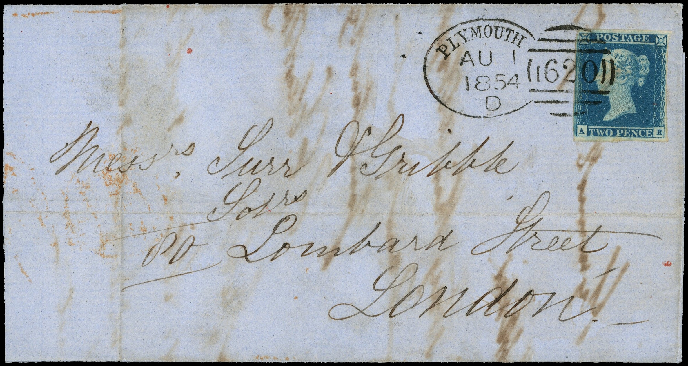 1841 2d Blue Pl.4 (AE). Entire cancelled by a Plymouth spoon