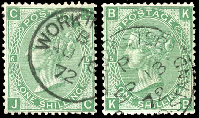 GB 1867-80 1s green, Plate 6 (JC and KB) variety double plate number at left and right, SG 117var