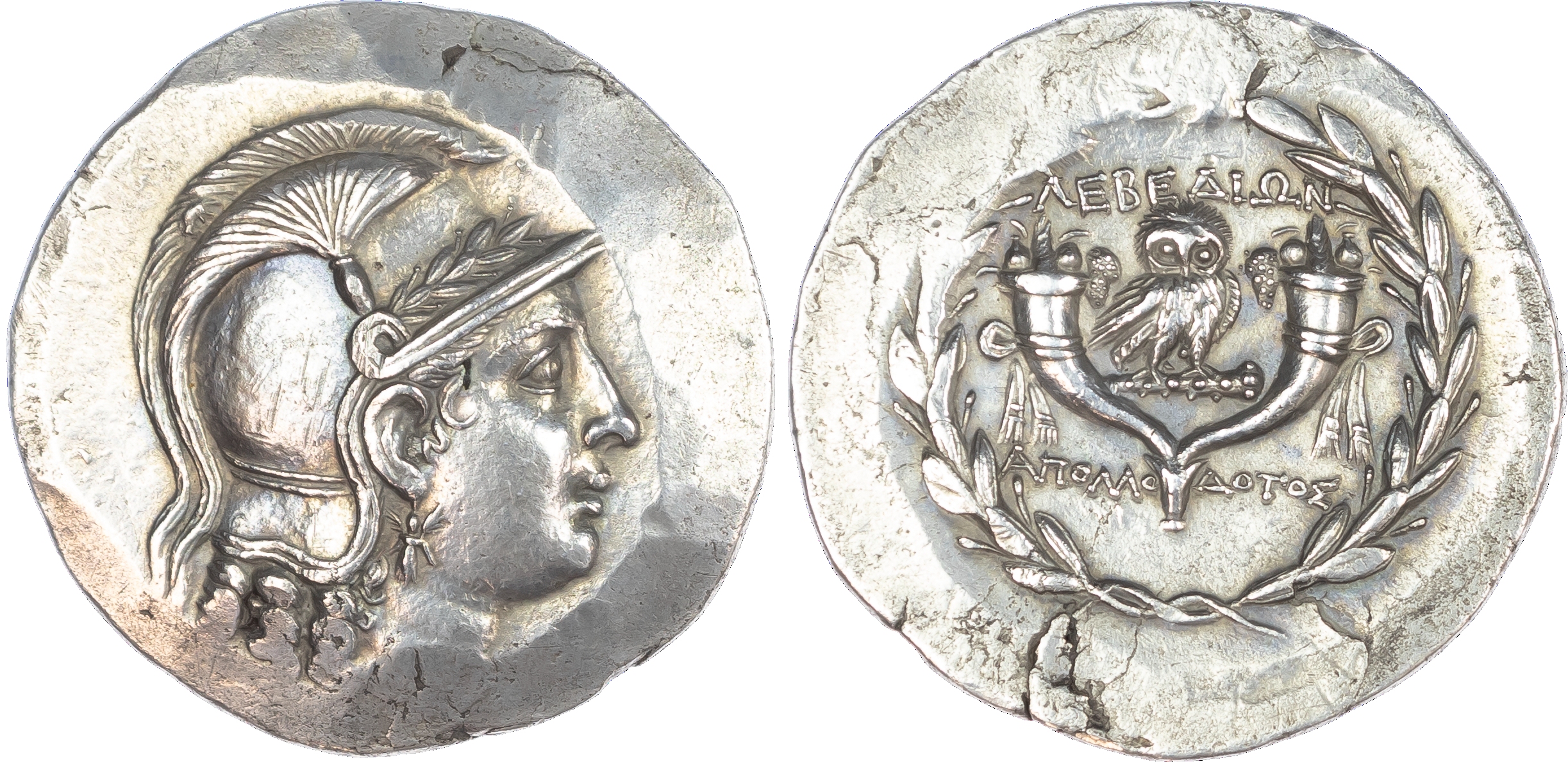 Ionia, Lebedos (c. 160-140 BC) AR Tetradrachm, 15.99g. Helmeted head of Athena facing right. Rev. Owl standing right on