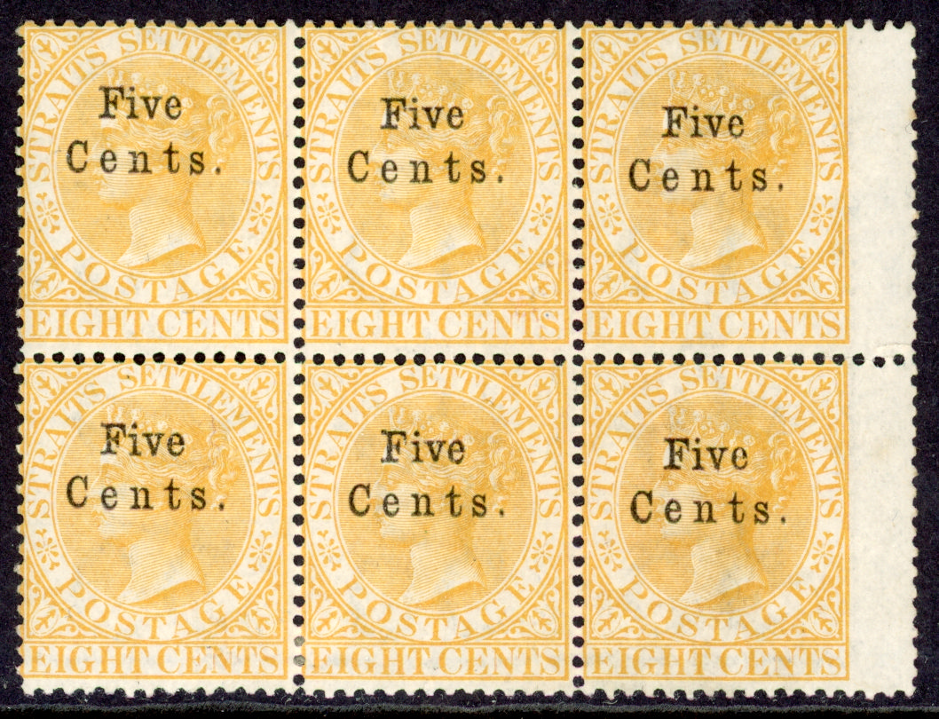 Straits Settlements SG 20 1879 5c on 8c orange block of 6