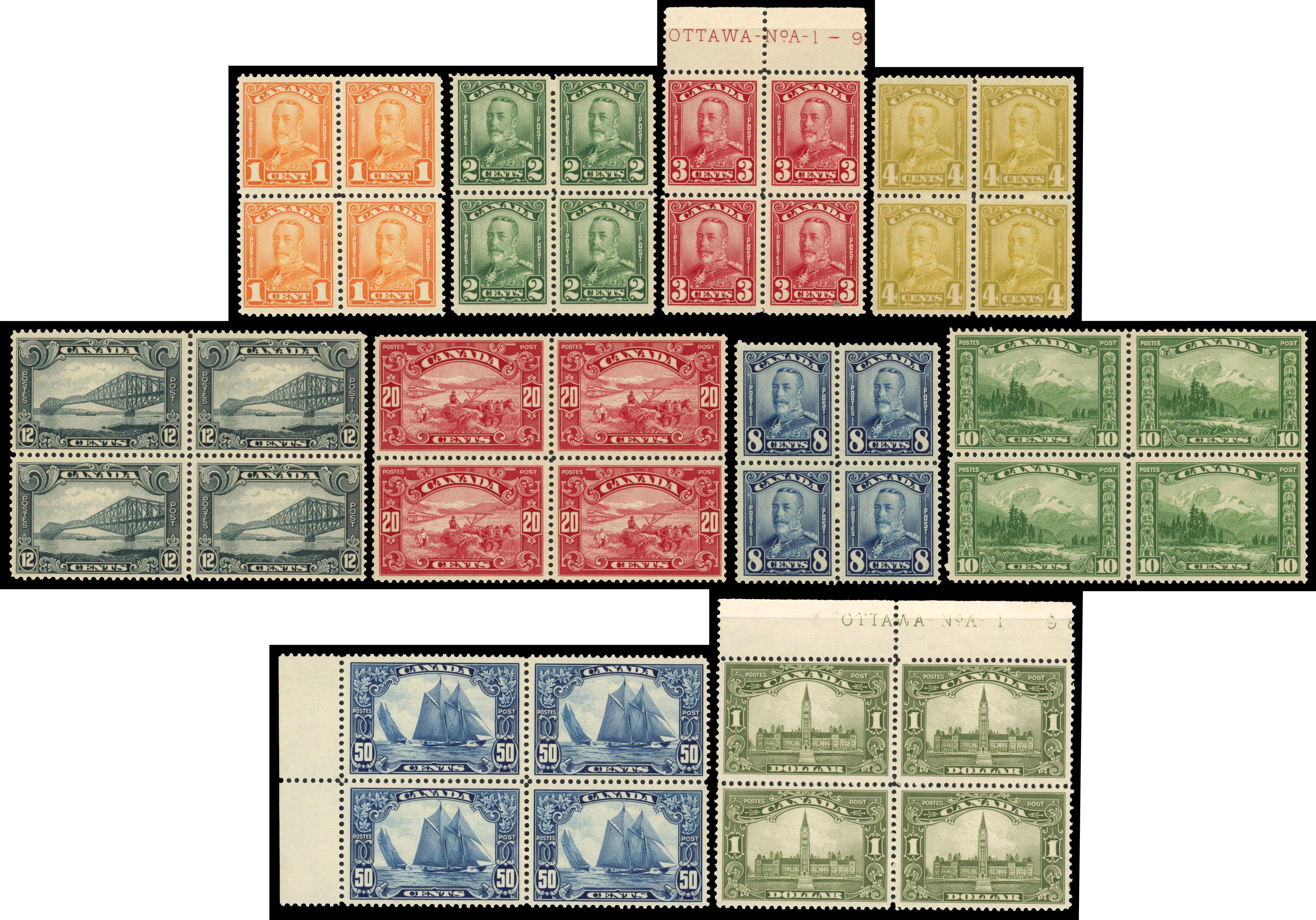 Canada 1928-29 Scroll set of 12 to $1 blocks of 4