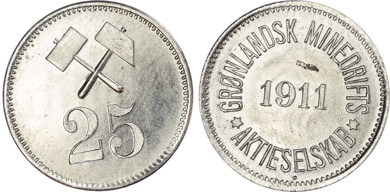 Denmark, Greenland. Greenland Mining Ltd Plated Ni 100, 25 & 10 Öre token set. 1911. 