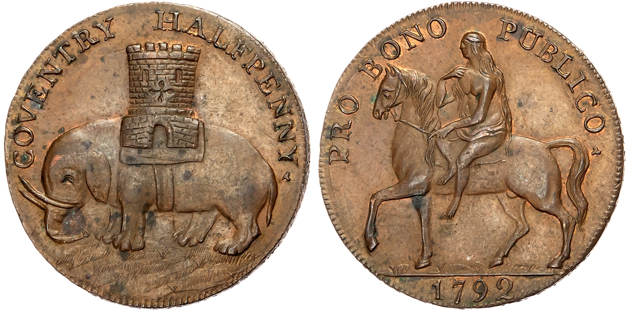 Warks. Coventry , Robert Reynolds & Co. (ribbon weaver and seller) Halfpenny 1792, Lady Godiva on horse, rev. Coventry a …