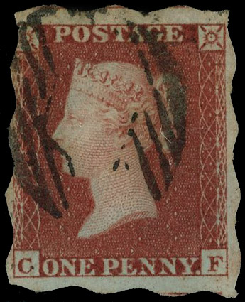 C.1852-54 1d Red brown Pl.161. (Treasury roulette trial). Used CF