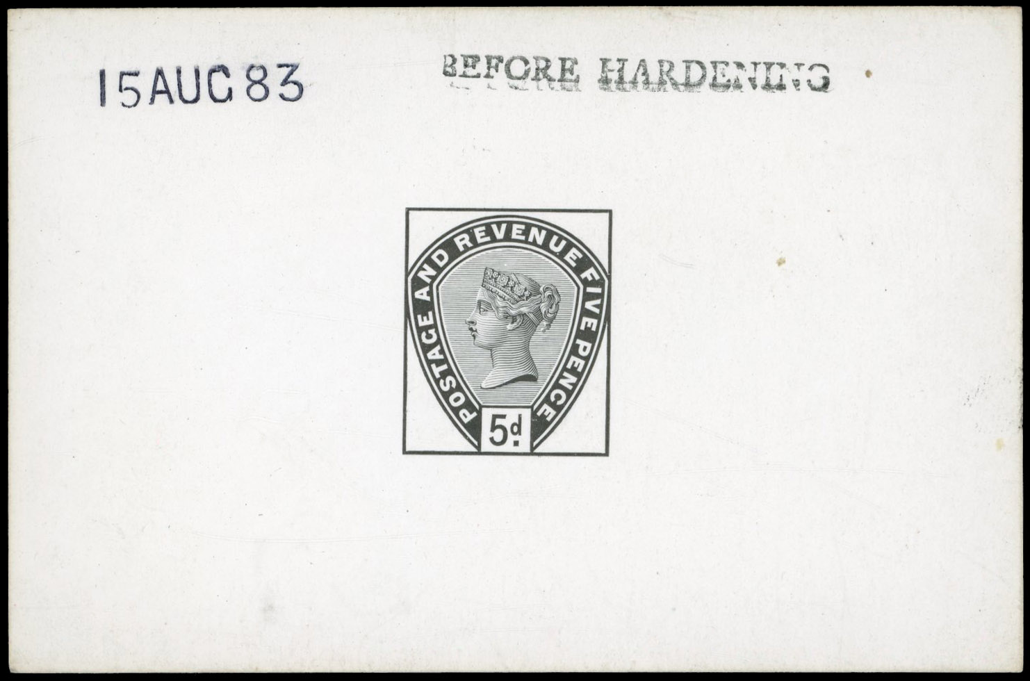 GB 1883-84 5d die proof (with dot under “d”, as issued), printed in black on white glazed card, For SG 193