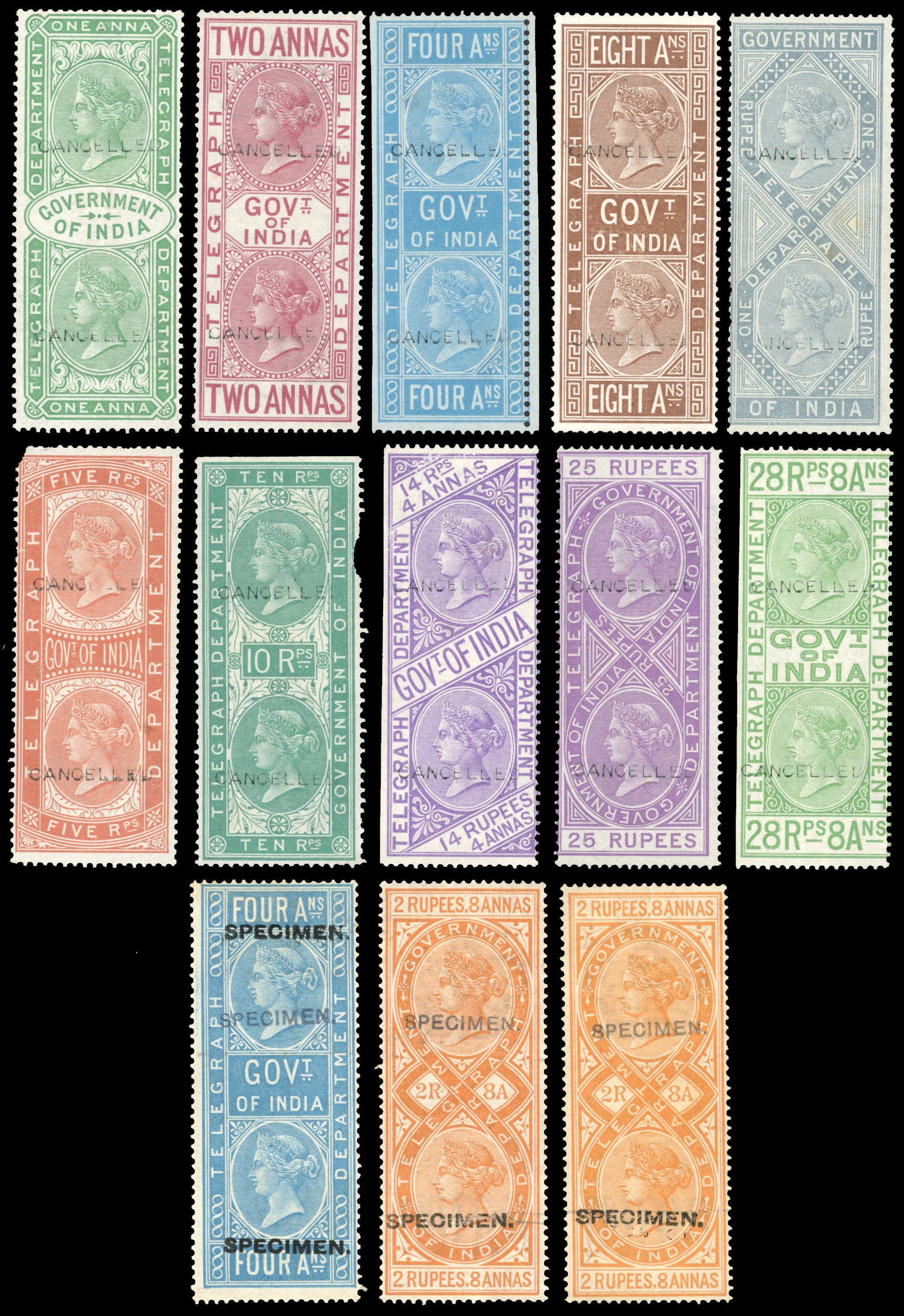 India Telegraphs 1869-82 Cancelled and Specimen group