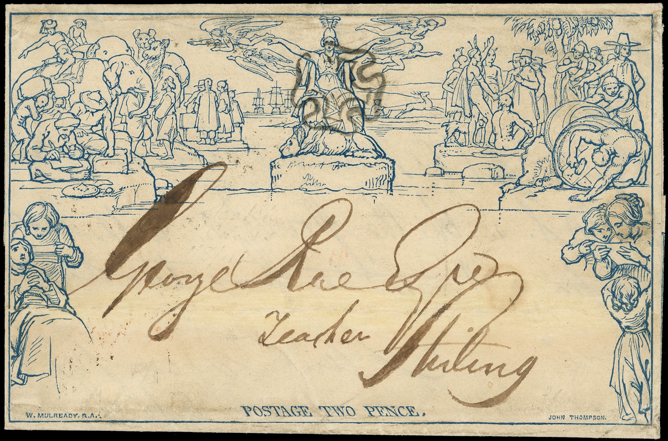 1840 2d blue Mulready letter sheet, stereo a92, Edinburgh to Stirling on August 1st...